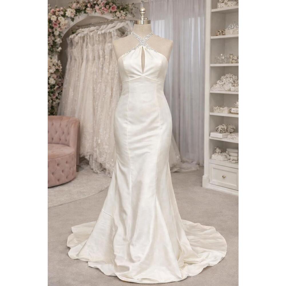 Demetrios Ivory Halter Open-Back Bridal Gown Rhinestone Neckline sz 8 Formal NWT - Picture 3 of 8